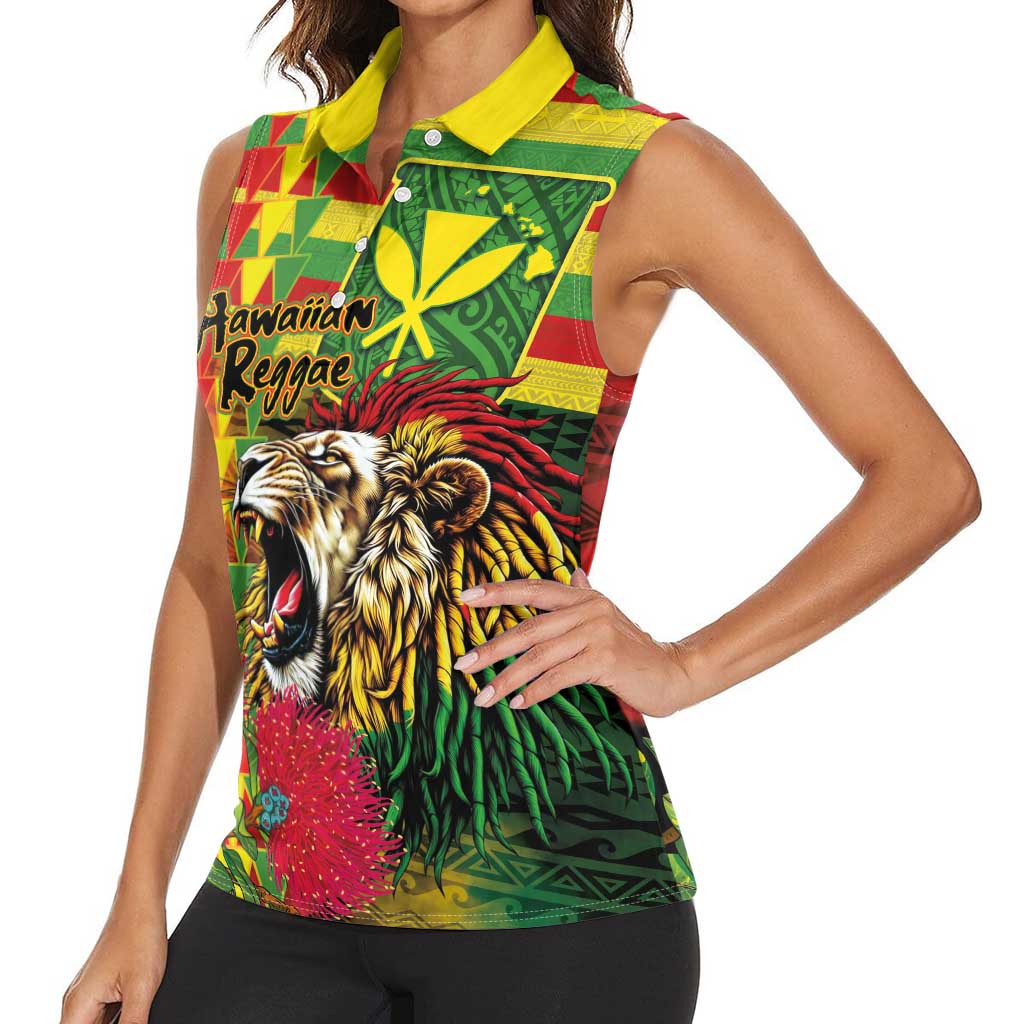 Hawaiian Reggae Women Sleeveless Polo Shirt Kakau Art Motifs with Ohia Lehua and Rastafari Lion LT03 - Polynesian Pride