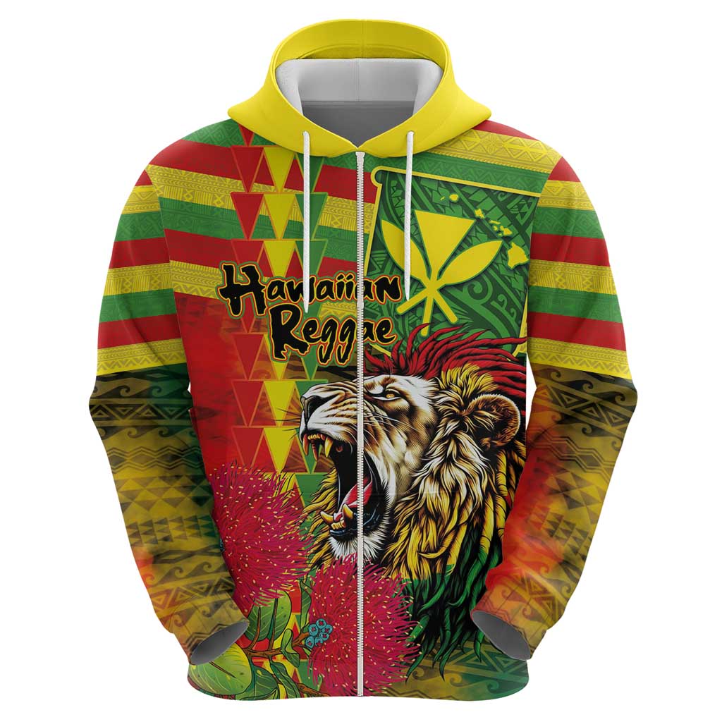 Hawaiian Reggae Zip Hoodie Kakau Art Motifs with Ohia Lehua and Rastafari Lion LT03 - Polynesian Pride