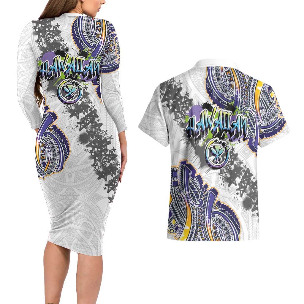 Traditional Art Hawaiian Kakau Tattoos Couples Matching Long Sleeve Bodycon Dress and Hawaiian Shirt Graffiti Style LT03 - Polynesian Pride