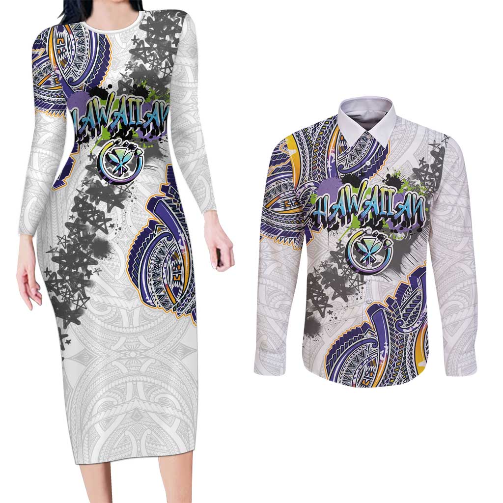 Traditional Art Hawaiian Kakau Tattoos Couples Matching Long Sleeve Bodycon Dress and Long Sleeve Button Shirt Graffiti Style LT03 White - Polynesian Pride