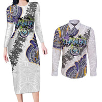 Traditional Art Hawaiian Kakau Tattoos Couples Matching Long Sleeve Bodycon Dress and Long Sleeve Button Shirt Graffiti Style LT03 White - Polynesian Pride