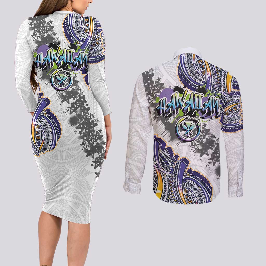 Traditional Art Hawaiian Kakau Tattoos Couples Matching Long Sleeve Bodycon Dress and Long Sleeve Button Shirt Graffiti Style LT03 - Polynesian Pride