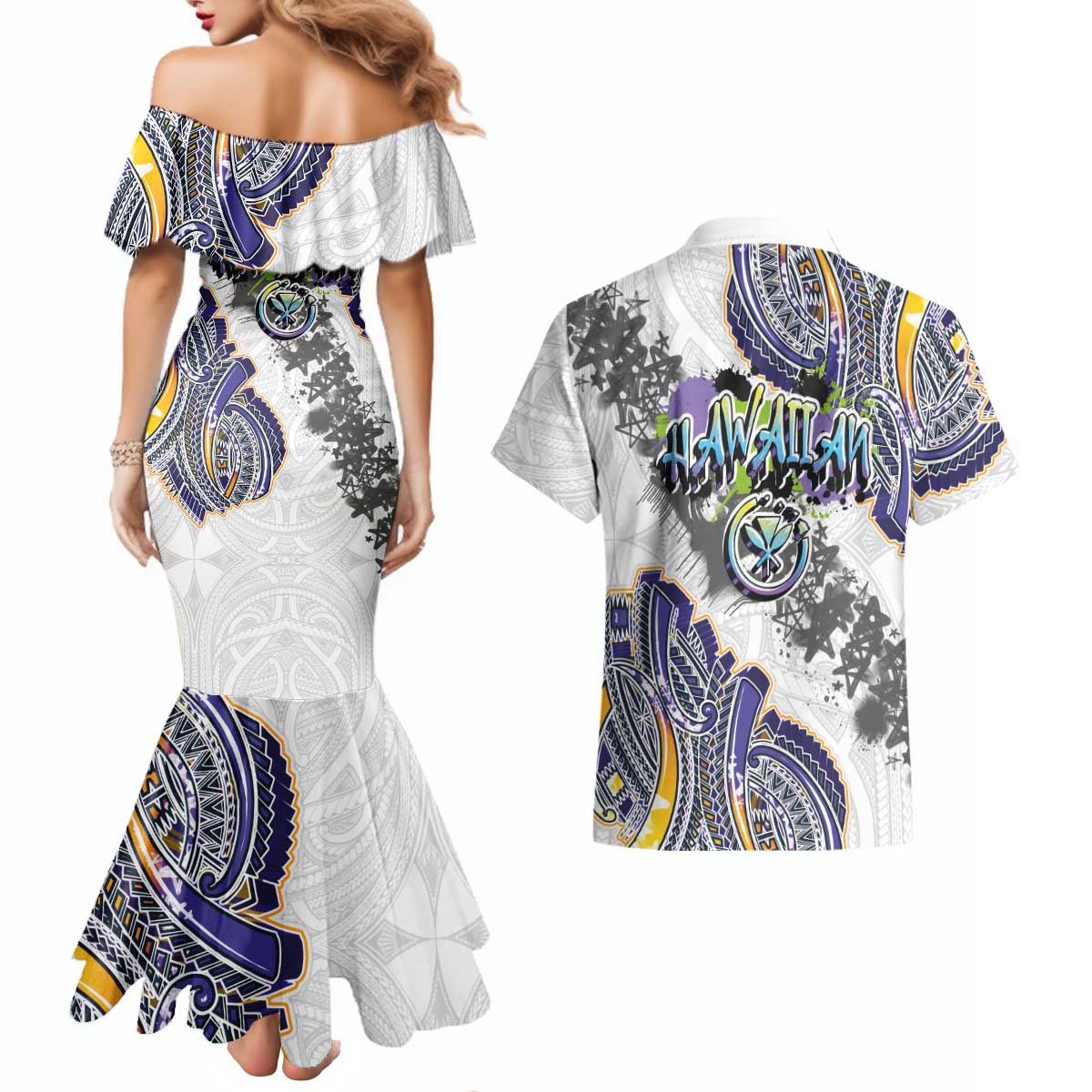 Traditional Art Hawaiian Kakau Tattoos Couples Matching Mermaid Dress and Hawaiian Shirt Graffiti Style LT03 - Polynesian Pride