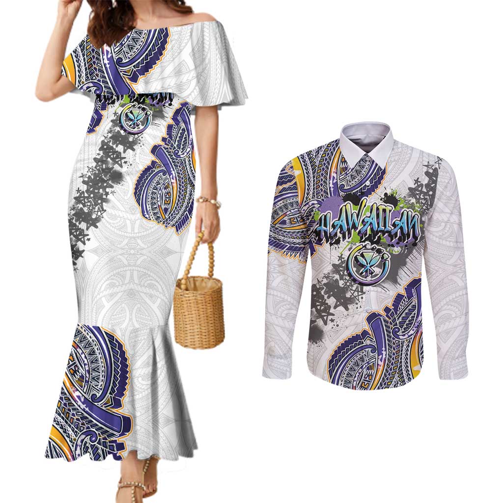 Traditional Art Hawaiian Kakau Tattoos Couples Matching Mermaid Dress and Long Sleeve Button Shirt Graffiti Style LT03 White - Polynesian Pride