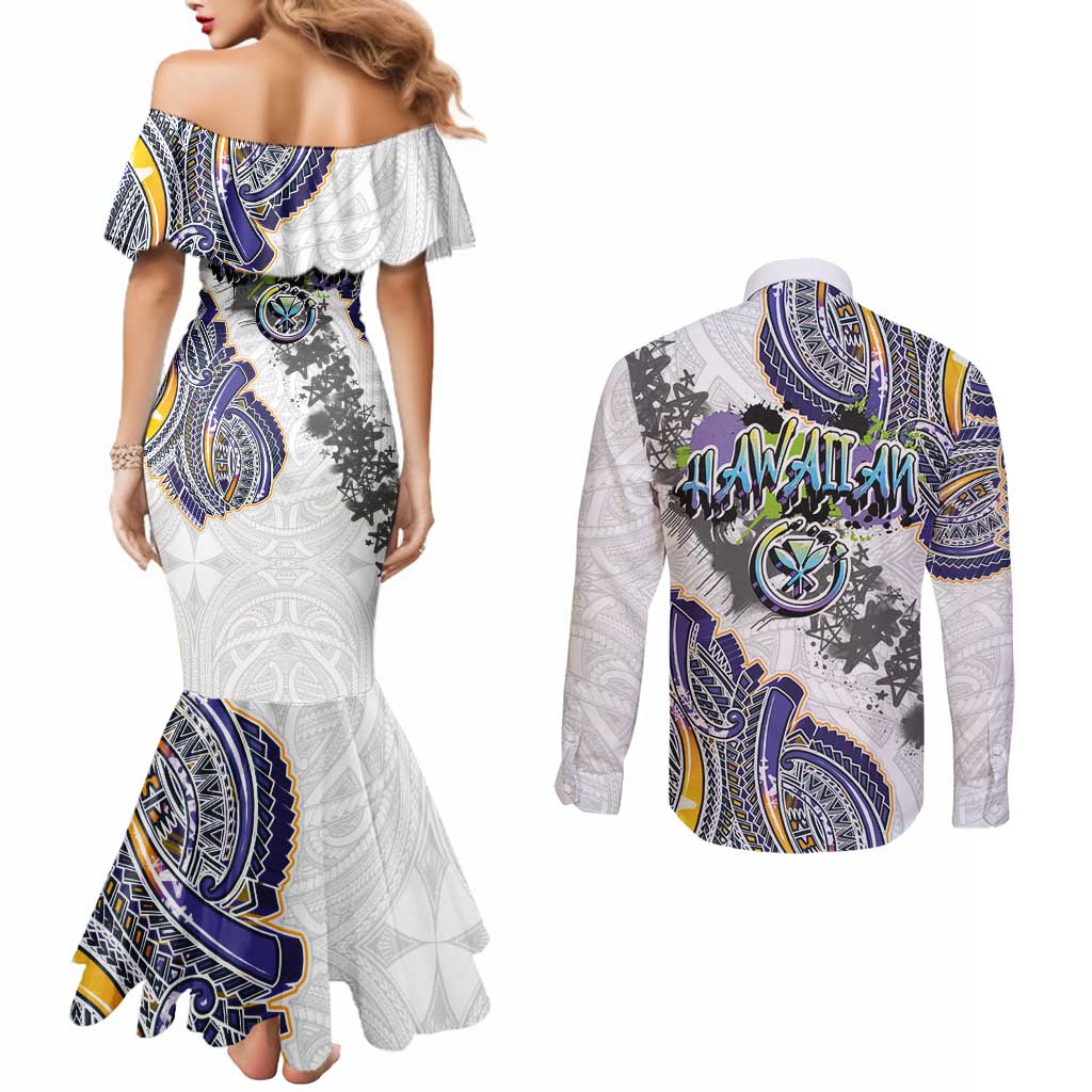 Traditional Art Hawaiian Kakau Tattoos Couples Matching Mermaid Dress and Long Sleeve Button Shirt Graffiti Style LT03 - Polynesian Pride