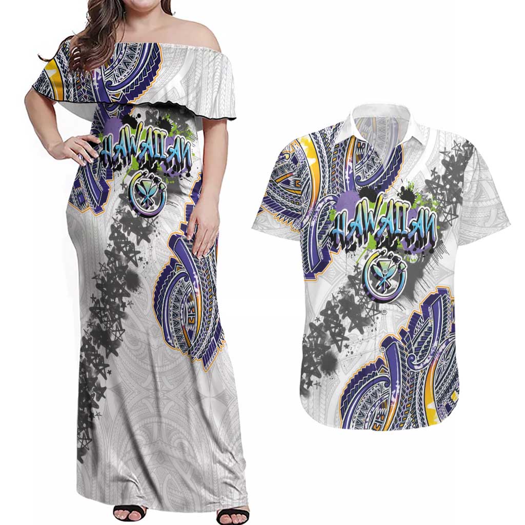 Traditional Art Hawaiian Kakau Tattoos Couples Matching Off Shoulder Maxi Dress and Hawaiian Shirt Graffiti Style - Polynesian Pride