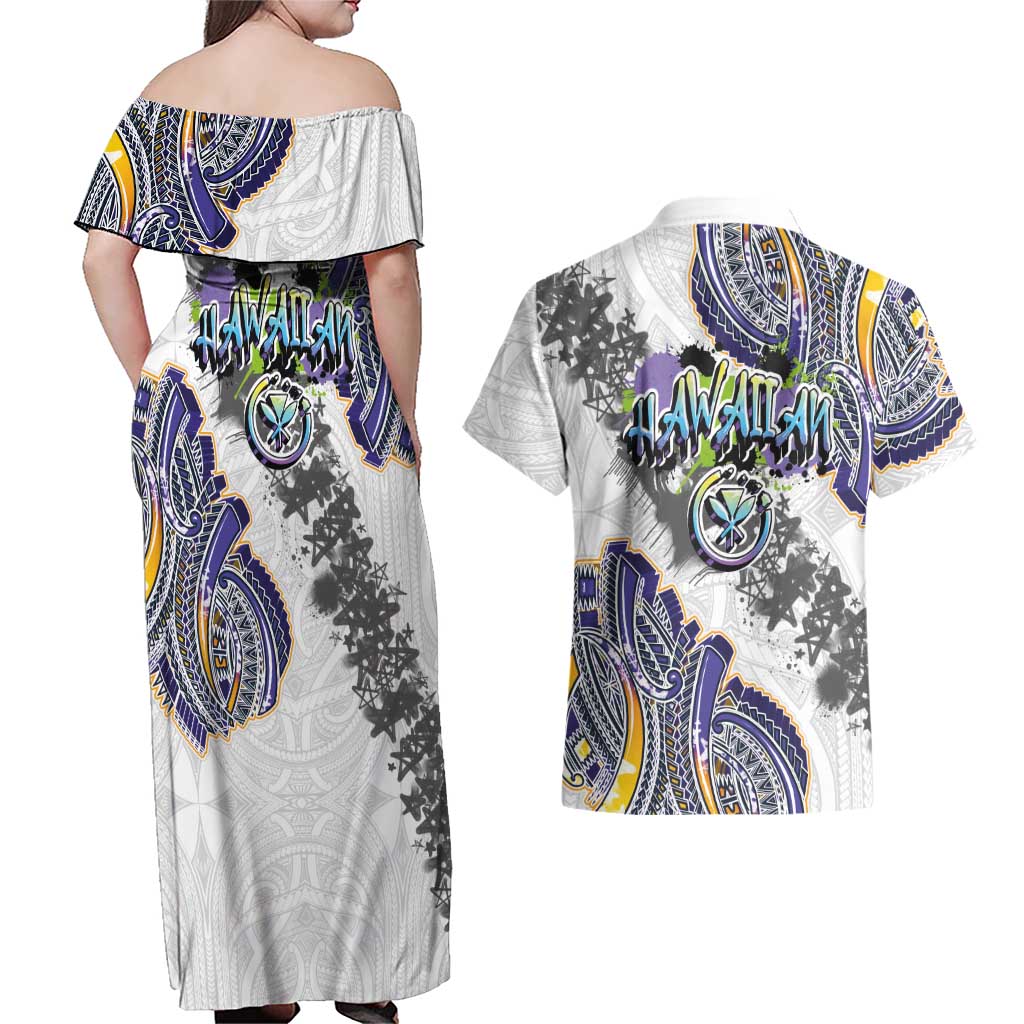 Traditional Art Hawaiian Kakau Tattoos Couples Matching Off Shoulder Maxi Dress and Hawaiian Shirt Graffiti Style LT03 - Polynesian Pride