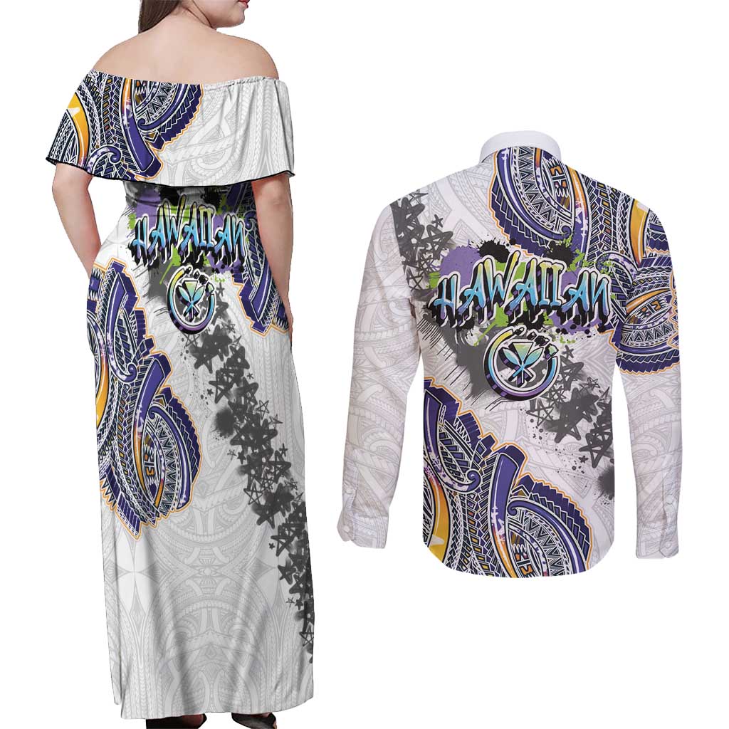 Traditional Art Hawaiian Kakau Tattoos Couples Matching Off Shoulder Maxi Dress and Long Sleeve Button Shirt Graffiti Style LT03 - Polynesian Pride