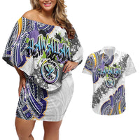 Traditional Art Hawaiian Kakau Tattoos Couples Matching Off Shoulder Short Dress and Hawaiian Shirt Graffiti Style LT03 White - Polynesian Pride