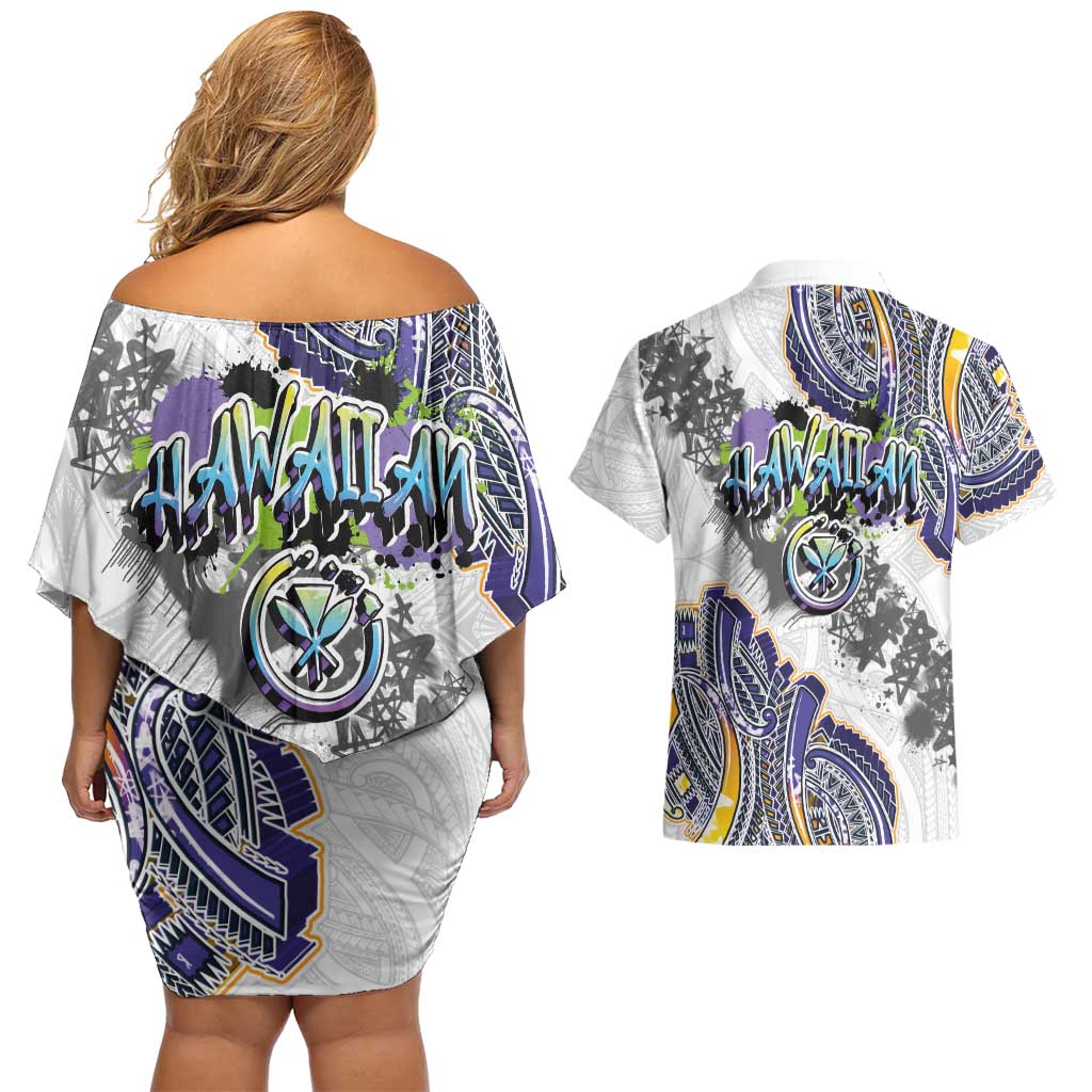 Traditional Art Hawaiian Kakau Tattoos Couples Matching Off Shoulder Short Dress and Hawaiian Shirt Graffiti Style LT03 - Polynesian Pride