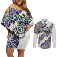 Traditional Art Hawaiian Kakau Tattoos Couples Matching Off Shoulder Short Dress and Long Sleeve Button Shirt Graffiti Style LT03 White - Polynesian Pride