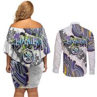 Traditional Art Hawaiian Kakau Tattoos Couples Matching Off Shoulder Short Dress and Long Sleeve Button Shirt Graffiti Style LT03 - Polynesian Pride