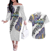 Traditional Art Hawaiian Kakau Tattoos Couples Matching Off The Shoulder Long Sleeve Dress and Hawaiian Shirt Graffiti Style LT03 White - Polynesian Pride