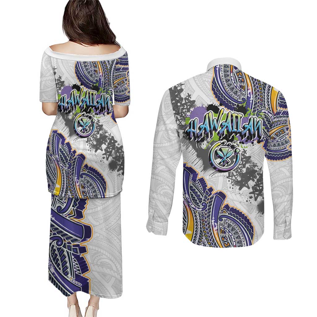 Traditional Art Hawaiian Kakau Tattoos Couples Matching Puletasi and Long Sleeve Button Shirt Graffiti Style - Polynesian Pride