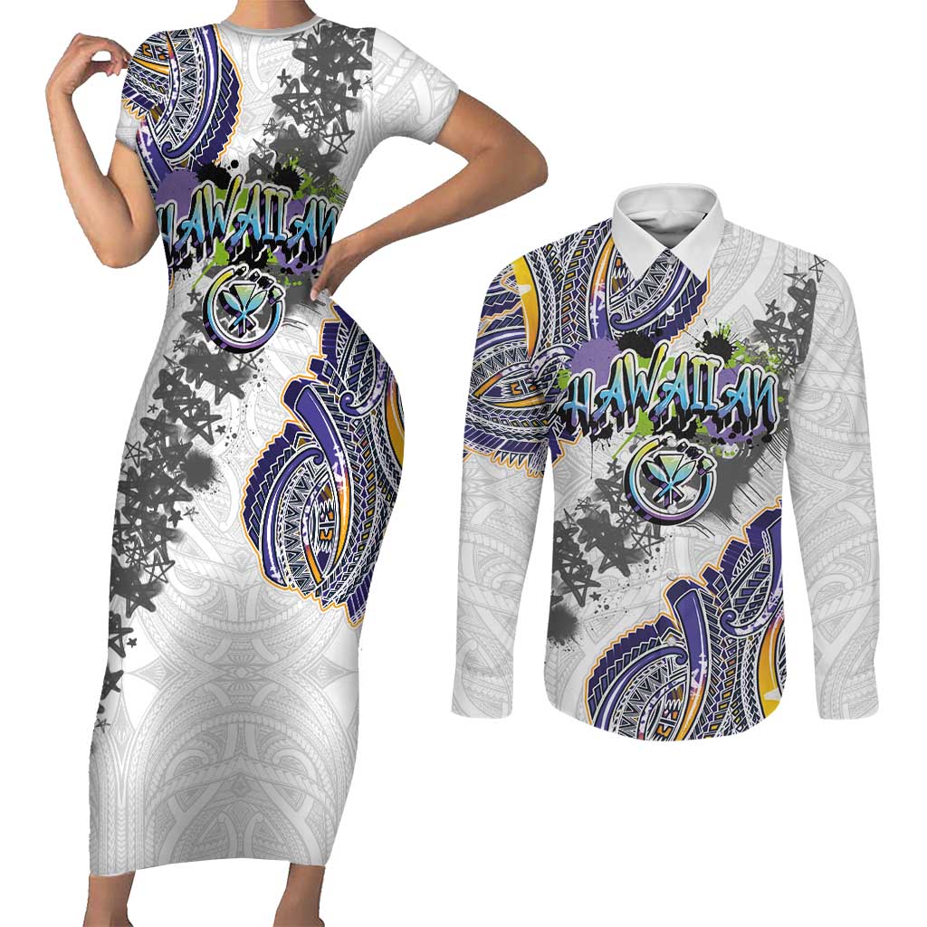 Traditional Art Hawaiian Kakau Tattoos Couples Matching Short Sleeve Bodycon Dress and Long Sleeve Button Shirt Graffiti Style - Polynesian Pride