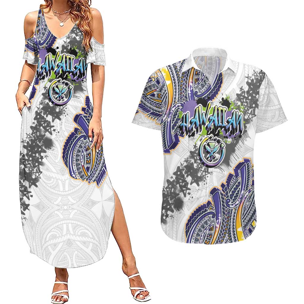 Traditional Art Hawaiian Kakau Tattoos Couples Matching Summer Maxi Dress and Hawaiian Shirt Graffiti Style LT03 White - Polynesian Pride