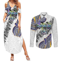 Traditional Art Hawaiian Kakau Tattoos Couples Matching Summer Maxi Dress and Long Sleeve Button Shirt Graffiti Style LT03 White - Polynesian Pride