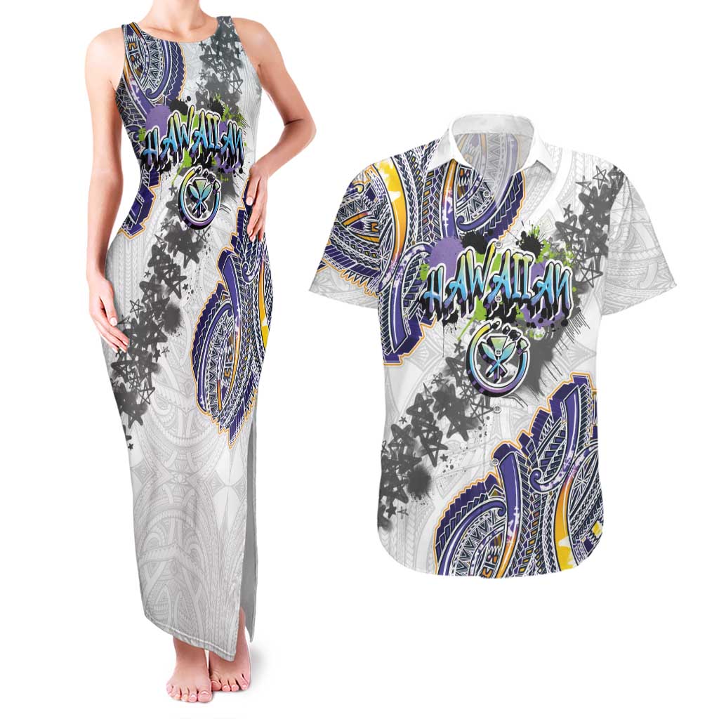 Traditional Art Hawaiian Kakau Tattoos Couples Matching Tank Maxi Dress and Hawaiian Shirt Graffiti Style LT03 White - Polynesian Pride
