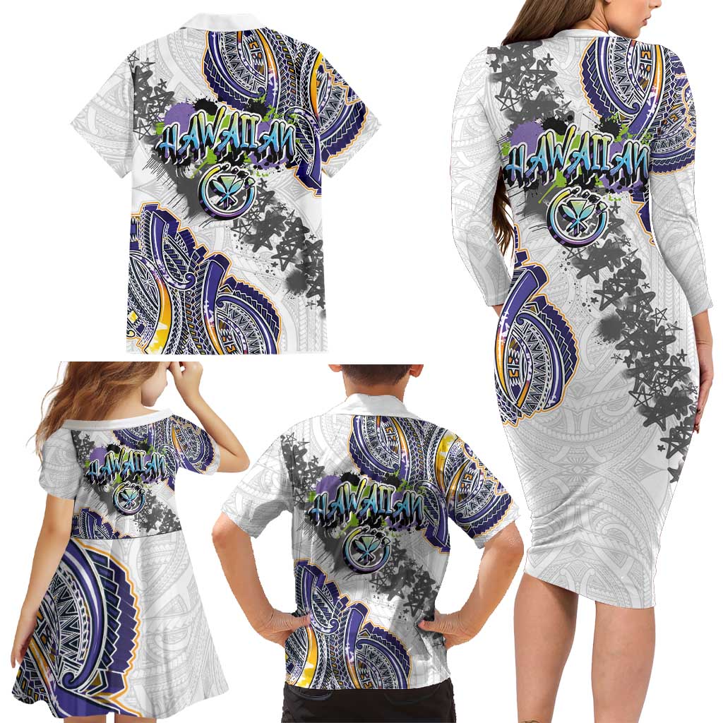 Traditional Art Hawaiian Kakau Tattoos Family Matching Long Sleeve Bodycon Dress and Hawaiian Shirt Graffiti Style LT03 - Polynesian Pride