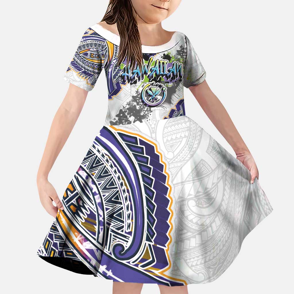 Traditional Art Hawaiian Kakau Tattoos Family Matching Off Shoulder Short Dress and Hawaiian Shirt Graffiti Style LT03 Daughter's Dress White - Polynesian Pride
