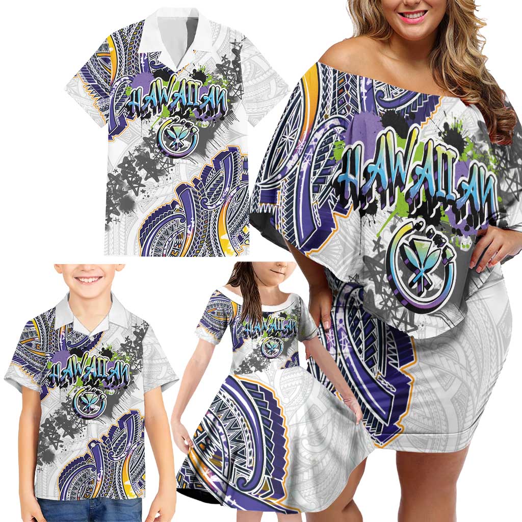 Traditional Art Hawaiian Kakau Tattoos Family Matching Off Shoulder Short Dress and Hawaiian Shirt Graffiti Style - Polynesian Pride