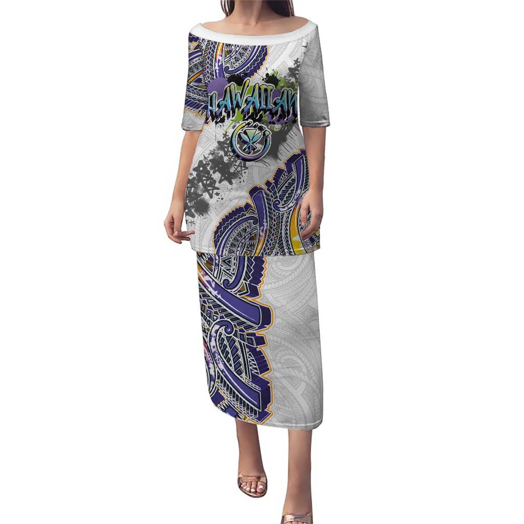 Traditional Art Hawaiian Kakau Tattoos Family Matching Puletasi and Hawaiian Shirt Graffiti Style LT03 Mom's Dress White - Polynesian Pride