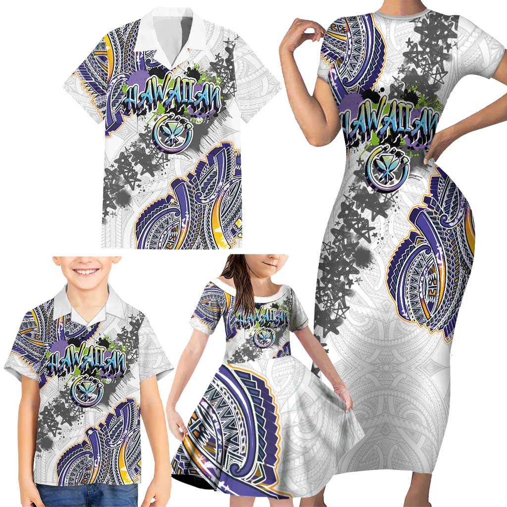 Traditional Art Hawaiian Kakau Tattoos Family Matching Short Sleeve Bodycon Dress and Hawaiian Shirt Graffiti Style LT03 - Polynesian Pride