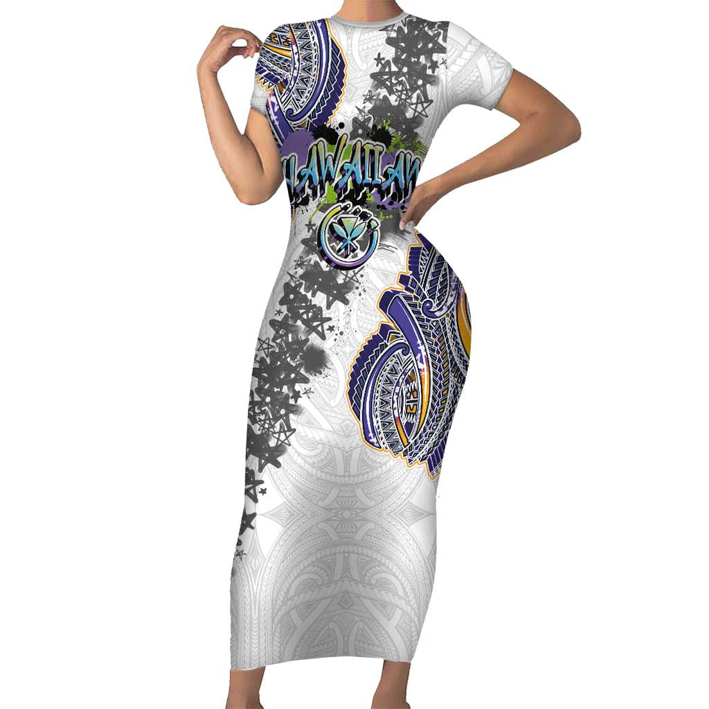 Traditional Art Hawaiian Kakau Tattoos Family Matching Short Sleeve Bodycon Dress and Hawaiian Shirt Graffiti Style LT03 Mom's Dress White - Polynesian Pride