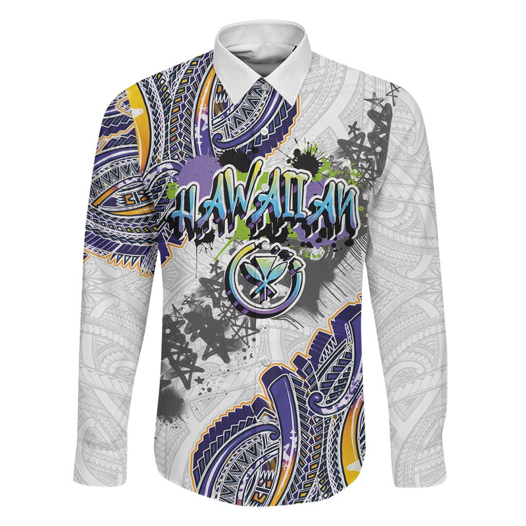 Traditional Art Hawaiian Kakau Tattoos Family Matching Summer Maxi Dress and Hawaiian Shirt Graffiti Style LT03 Dad's Shirt - Long Sleeve White - Polynesian Pride