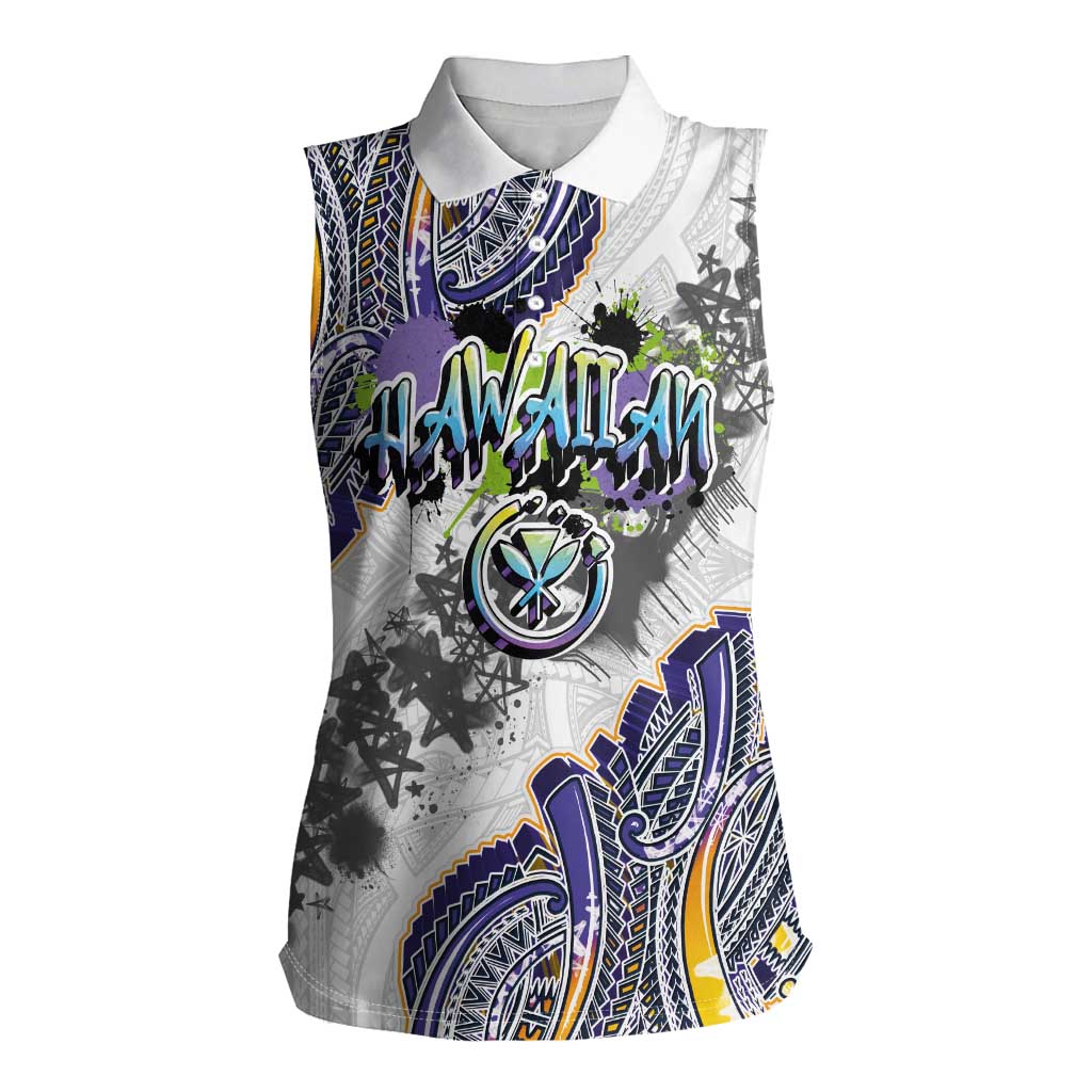 Traditional Art Hawaiian Kakau Tattoos Women Sleeveless Polo Shirt Graffiti Style LT03 Female White - Polynesian Pride