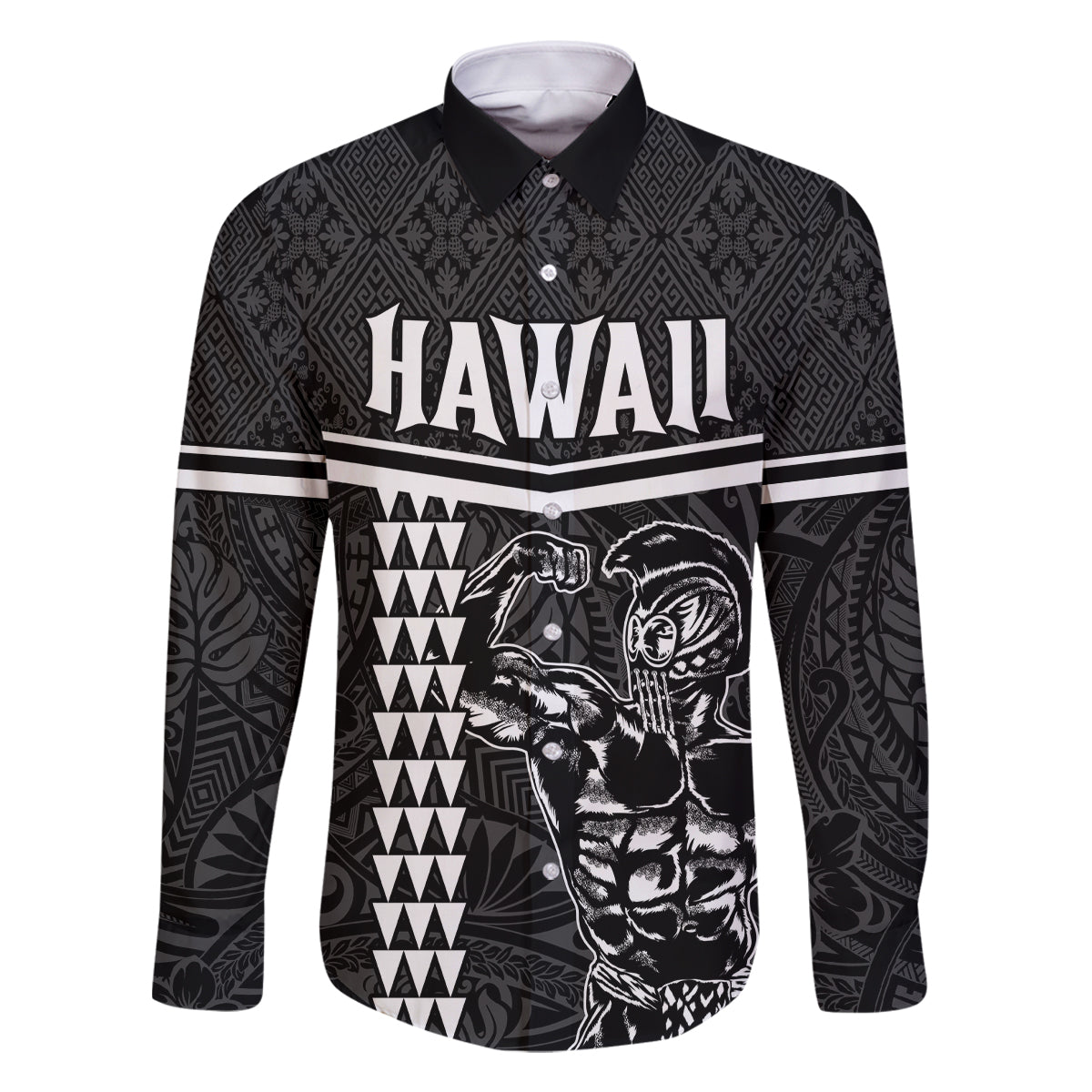 Custom Hawaii Warrior Family Matching Mermaid Dress and Hawaiian Shirt Kakau Quilt Pattern LT03 Dad's Shirt - Long Sleeve Black - Polynesian Pride