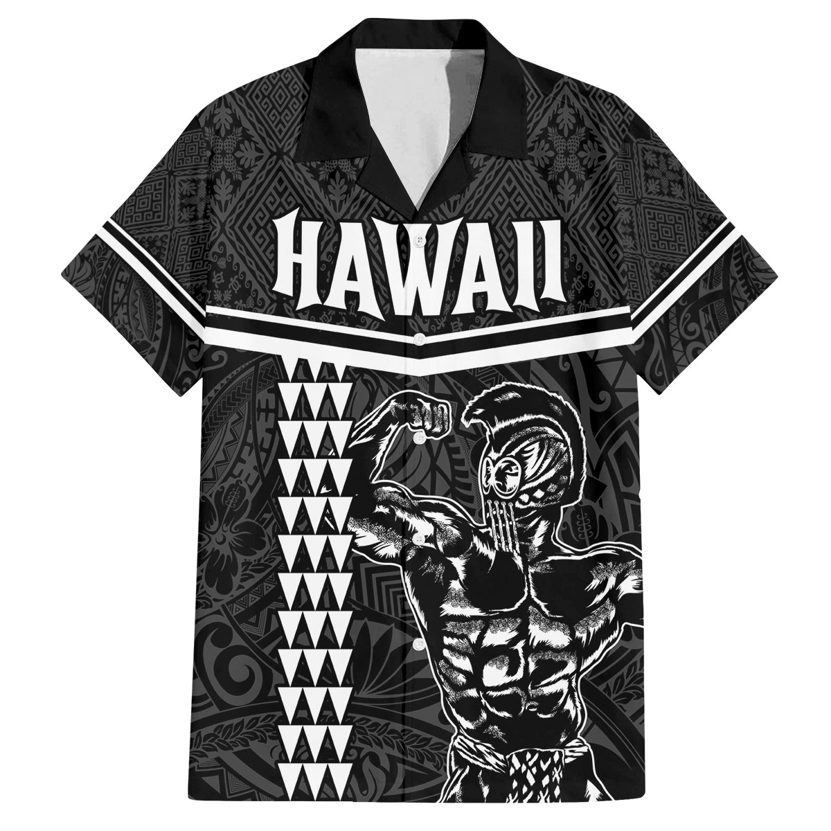 Custom Hawaii Warrior Family Matching Off Shoulder Long Sleeve Dress and Hawaiian Shirt Kakau Quilt Pattern LT03 Dad's Shirt - Short Sleeve Black - Polynesian Pride