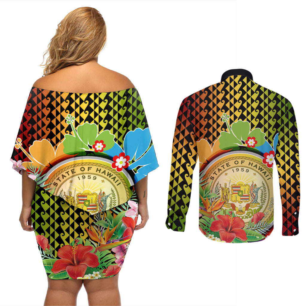 Hawaii Womens Day Wahine Couples Matching Off Shoulder Short Dress and Long Sleeve Button Shirt Strong Beautiful Woman with Kakau Style LT03 - Polynesian Pride