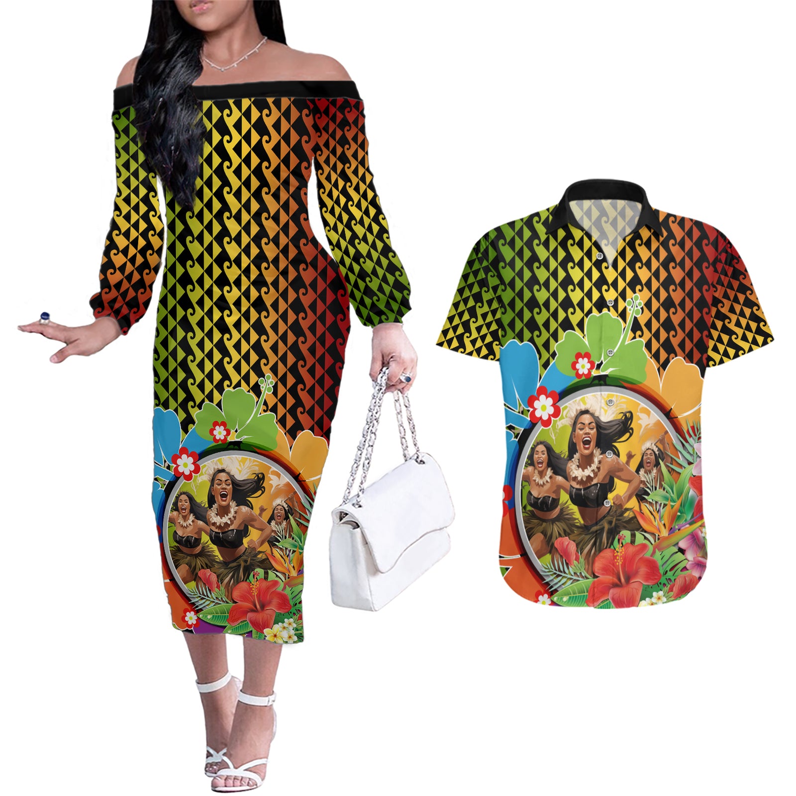 Hawaii Womens Day Wahine Couples Matching Off The Shoulder Long Sleeve Dress and Hawaiian Shirt Strong Beautiful Woman with Kakau Style LT03 Red - Polynesian Pride