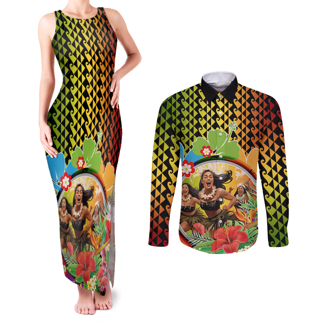 Hawaii Womens Day Wahine Couples Matching Tank Maxi Dress and Long Sleeve Button Shirt Strong Beautiful Woman with Kakau Style LT03 Red - Polynesian Pride