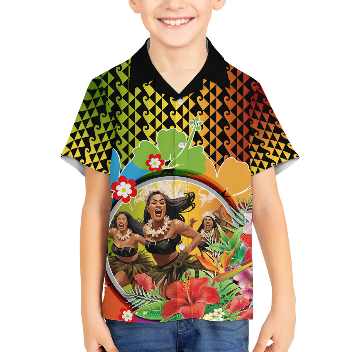 Hawaii Womens Day Wahine Family Matching Off Shoulder Long Sleeve Dress and Hawaiian Shirt Strong Beautiful Woman with Kakau Style LT03 Son's Shirt Red - Polynesian Pride