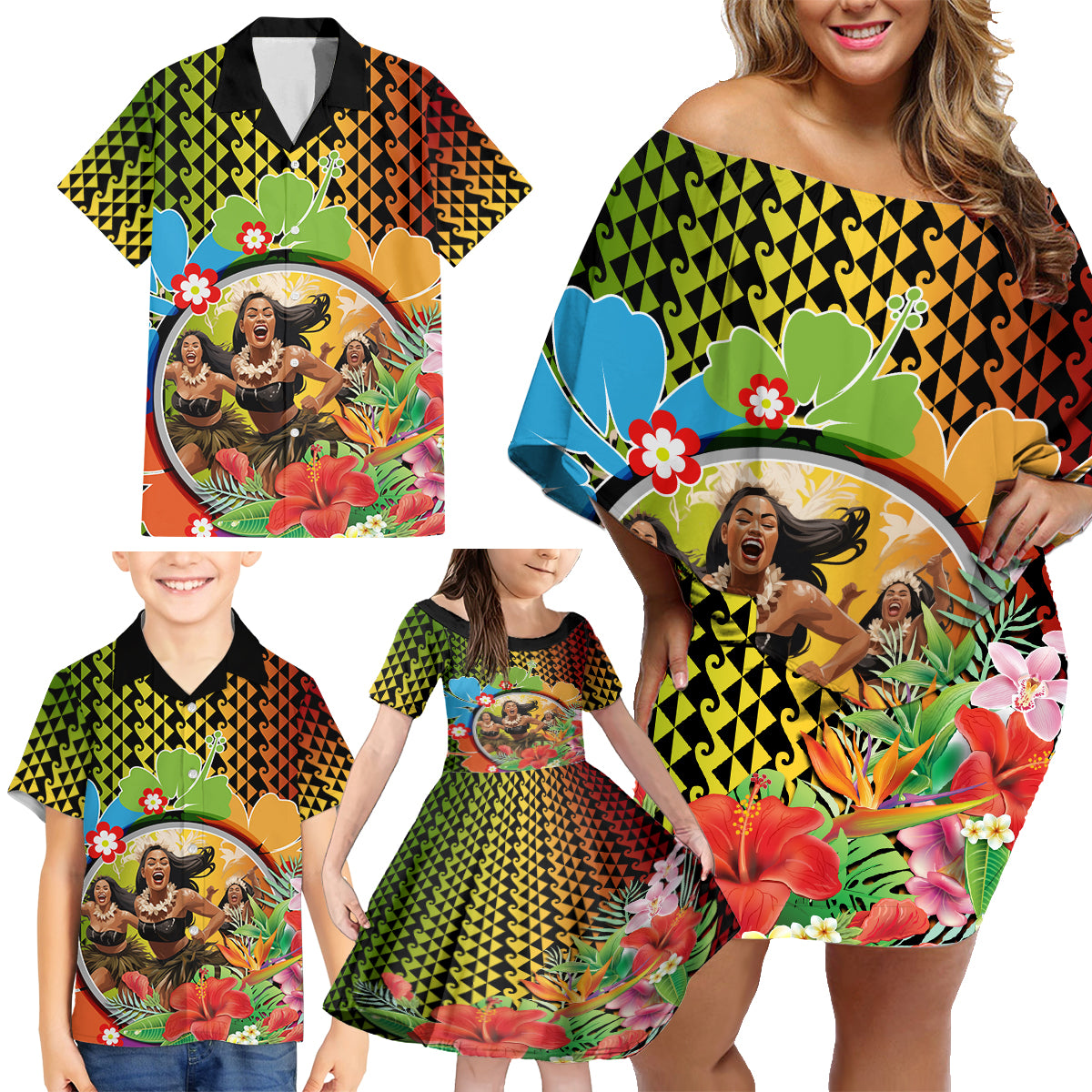 Hawaii Womens Day Wahine Family Matching Off Shoulder Short Dress and Hawaiian Shirt Strong Beautiful Woman with Kakau Style LT03 - Polynesian Pride
