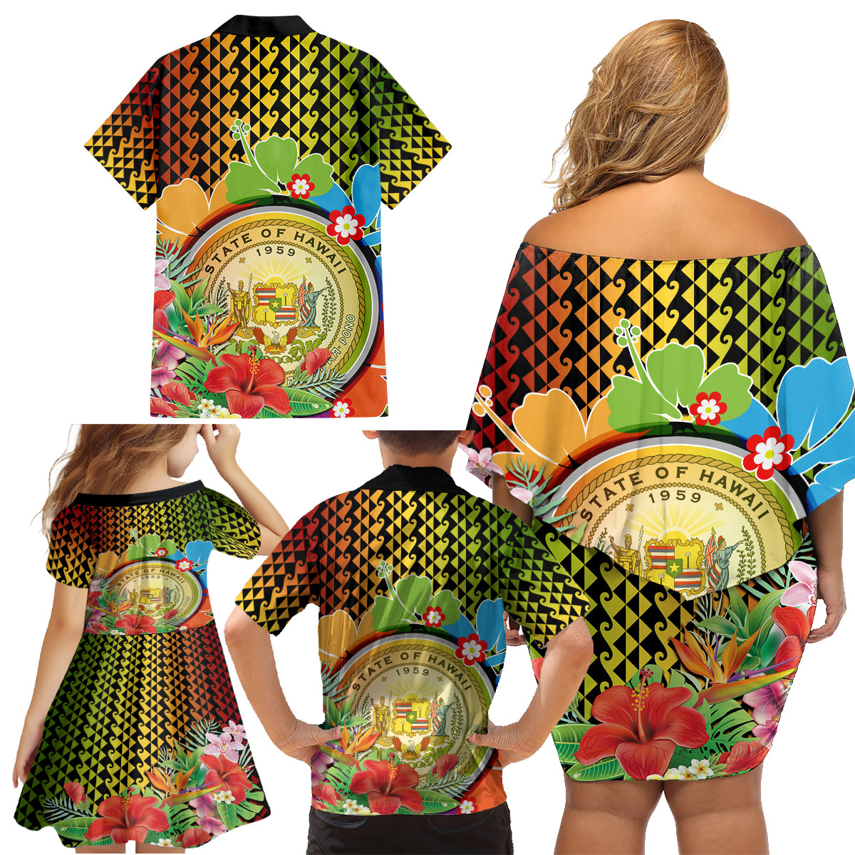 Hawaii Womens Day Wahine Family Matching Off Shoulder Short Dress and Hawaiian Shirt Strong Beautiful Woman with Kakau Style LT03 - Polynesian Pride