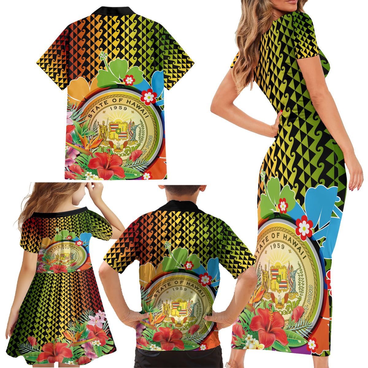 Hawaii Womens Day Wahine Family Matching Short Sleeve Bodycon Dress and Hawaiian Shirt Strong Beautiful Woman with Kakau Style LT03 - Polynesian Pride