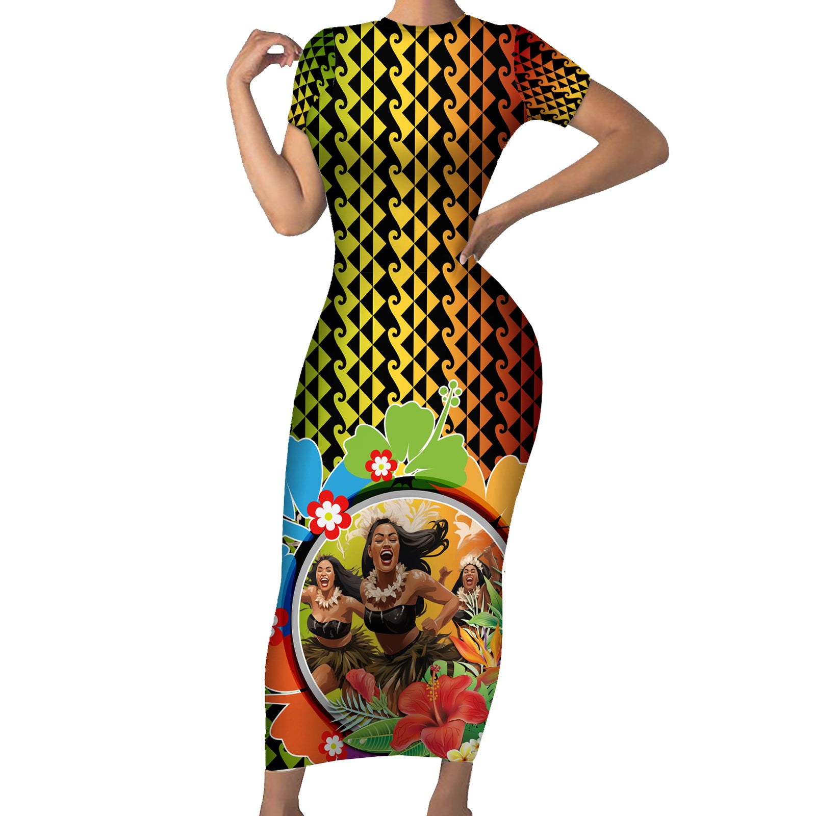 Hawaii Womens Day Wahine Short Sleeve Bodycon Dress Strong Beautiful Woman with Kakau Style LT03 Long Dress Red - Polynesian Pride