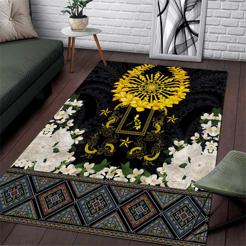 Flores de Mayo and Filipino Fiesta Area Rug The Sun-Jasmine and Polynesian Yakan Tattoo Barong Style LT03 Black - Polynesian Pride