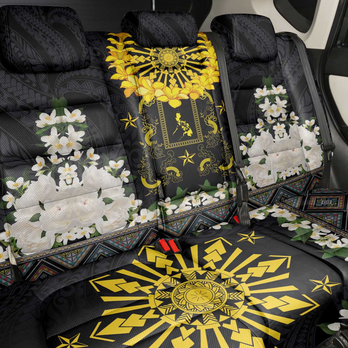 Flores de Mayo and Filipino Fiesta Back Car Seat Cover The Sun-Jasmine and Polynesian Yakan Tattoo Barong Style LT03 - Polynesian Pride