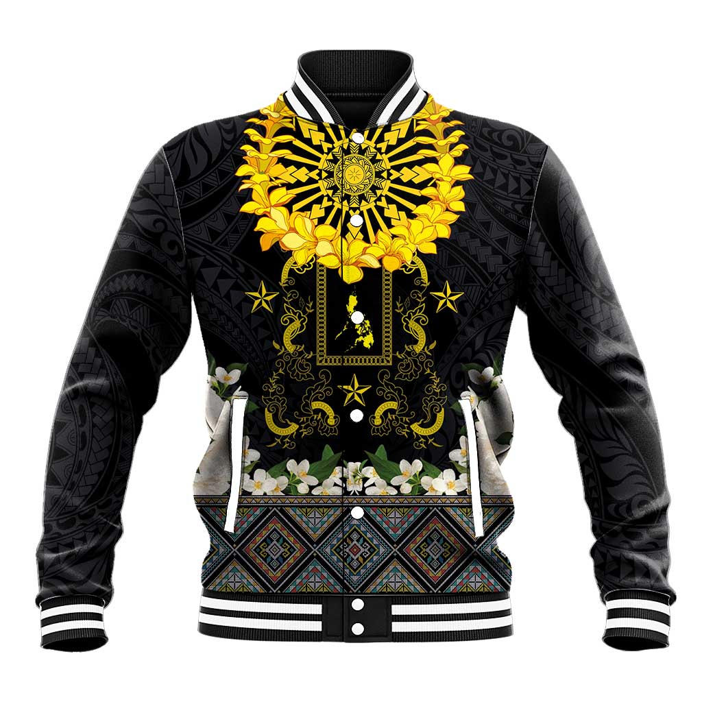 Flores de Mayo and Filipino Fiesta Baseball Jacket The Sun-Jasmine and Polynesian Yakan Tattoo Barong Style LT03 Unisex Black - Polynesian Pride