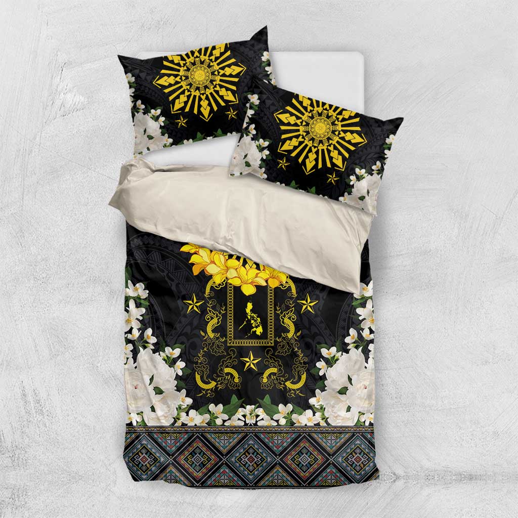 Flores de Mayo and Filipino Fiesta Bedding Set The Sun-Jasmine and Polynesian Yakan Tattoo Barong Style LT03 US Twin 172cm x 218cm Black - Polynesian Pride