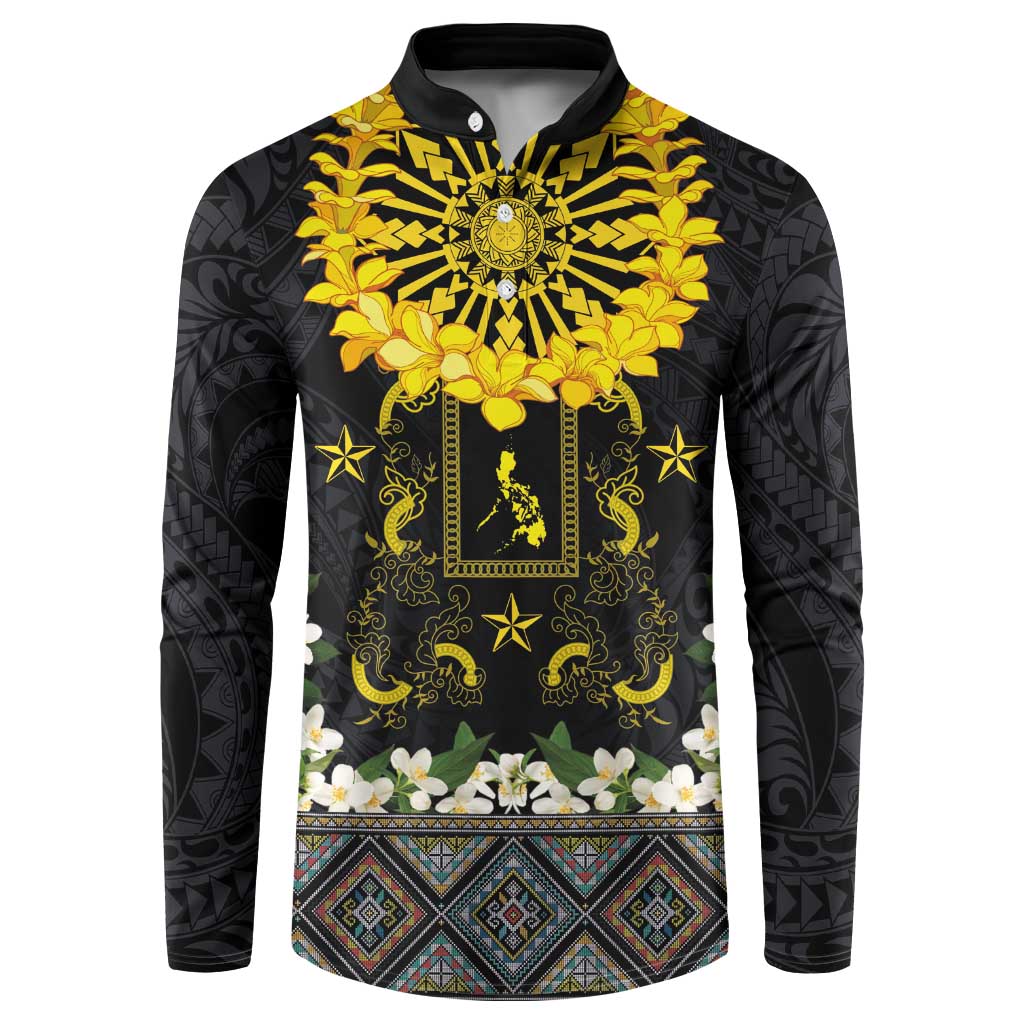 Flores de Mayo and Filipino Fiesta Button Sweatshirt The Sun-Jasmine and Polynesian Yakan Tattoo Barong Style LT03 Black - Polynesian Pride