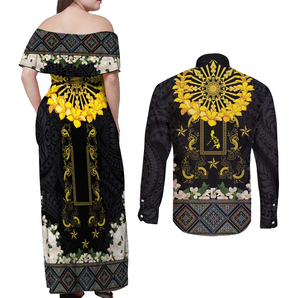 Flores de Mayo and Filipino Fiesta Couples Matching Off Shoulder Maxi Dress and Long Sleeve Button Shirt The Sun-Jasmine and Polynesian Yakan Tattoo Barong Style LT03 - Polynesian Pride