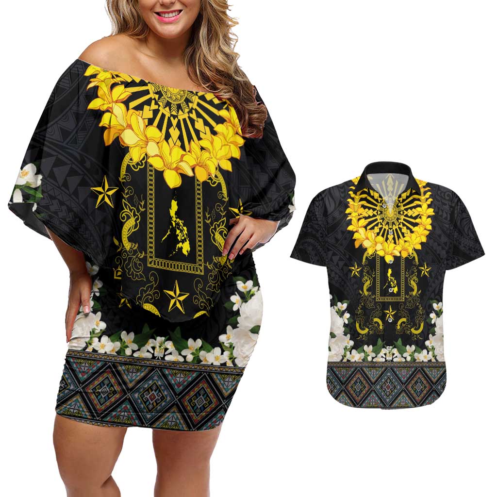 Flores de Mayo and Filipino Fiesta Couples Matching Off Shoulder Short Dress and Hawaiian Shirt The Sun-Jasmine and Polynesian Yakan Tattoo Barong Style LT03 Black - Polynesian Pride