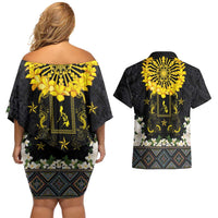 Flores de Mayo and Filipino Fiesta Couples Matching Off Shoulder Short Dress and Hawaiian Shirt The Sun-Jasmine and Polynesian Yakan Tattoo Barong Style LT03 - Polynesian Pride