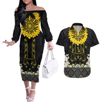 Flores de Mayo and Filipino Fiesta Couples Matching Off The Shoulder Long Sleeve Dress and Hawaiian Shirt The Sun-Jasmine and Polynesian Yakan Tattoo Barong Style LT03 Black - Polynesian Pride