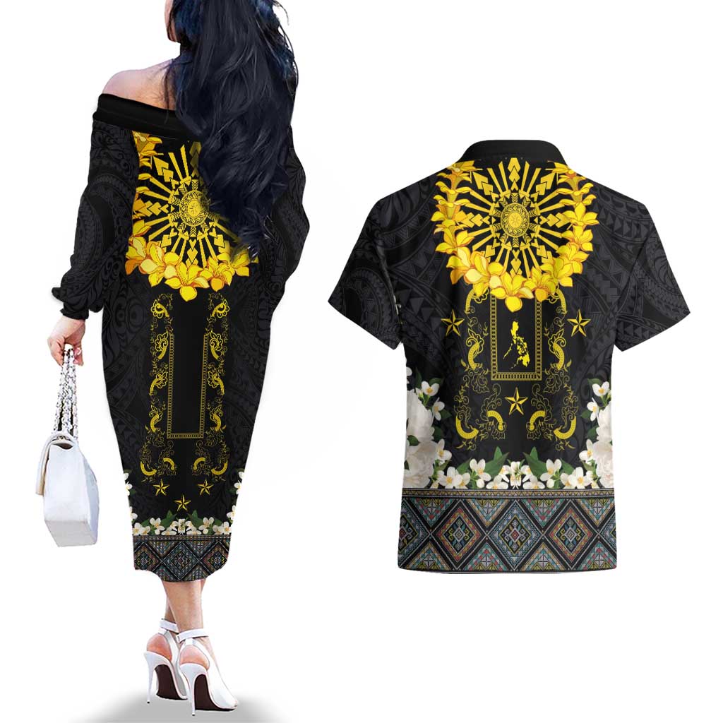 Flores de Mayo and Filipino Fiesta Couples Matching Off The Shoulder Long Sleeve Dress and Hawaiian Shirt The Sun-Jasmine and Polynesian Yakan Tattoo Barong Style LT03 - Polynesian Pride
